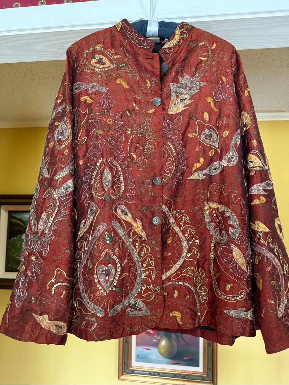 Chico's Red Paisley Embroidered Button-Up Jacket
